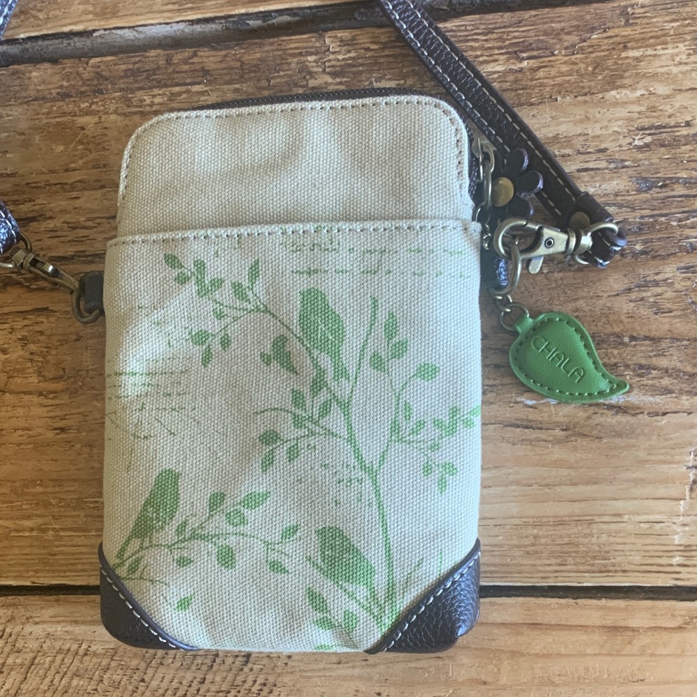 Chala Green and Brown Bird Crossbody Phone Bag - Picture 2 of 3
